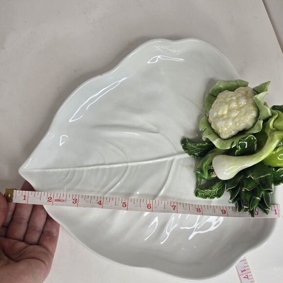 VTG White Leaf Plate Dish W/ 3D Vegetables Italy Cauliflower Artichoke - Picture 15 of 16